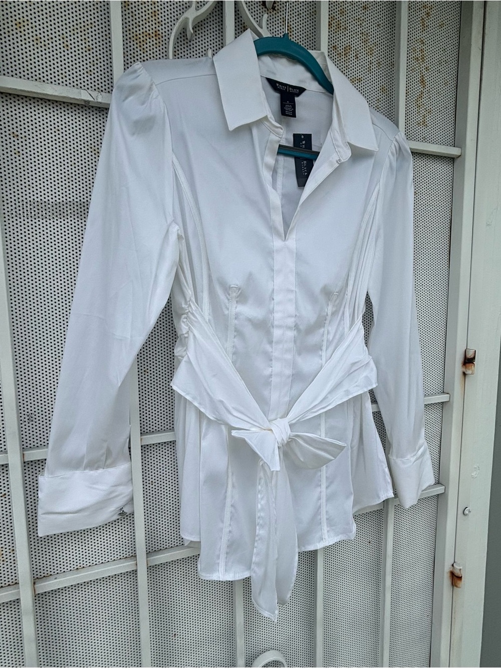 White House/Black Market 12 long sleeve pull on white blouse accent tie NWT - Picture 6 of 10